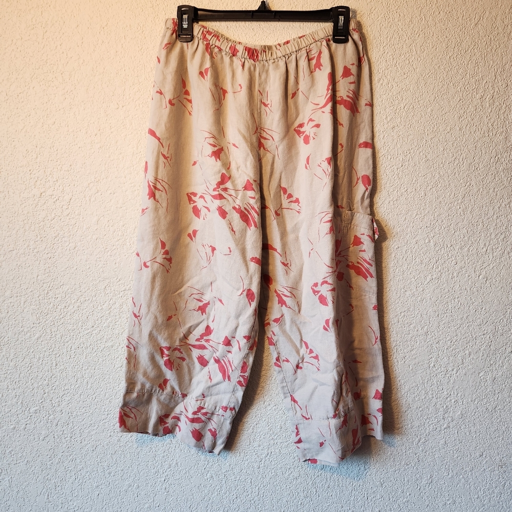 NTCO NOMADIC TRADERS women  pants 100% linen cream/pink leaves detail Sz Med EUC